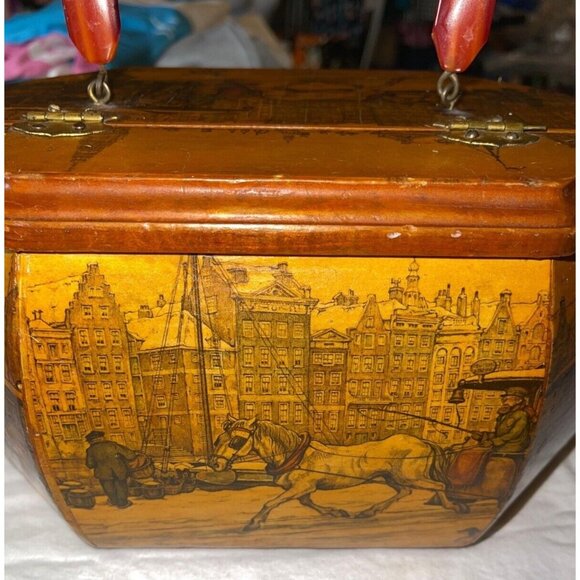 VTG Anton Pieck Wood Landscape Octagon Decoupage Purse Bag Lucite‎ Handle Art - Picture 5 of 6